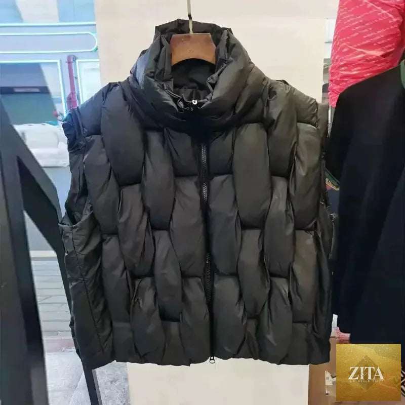 Women Thick Cotton Vest Women Square Weave High Collar Warm Waistcoat Casual  Warm Puffer Bubble Sleeveless Jacket