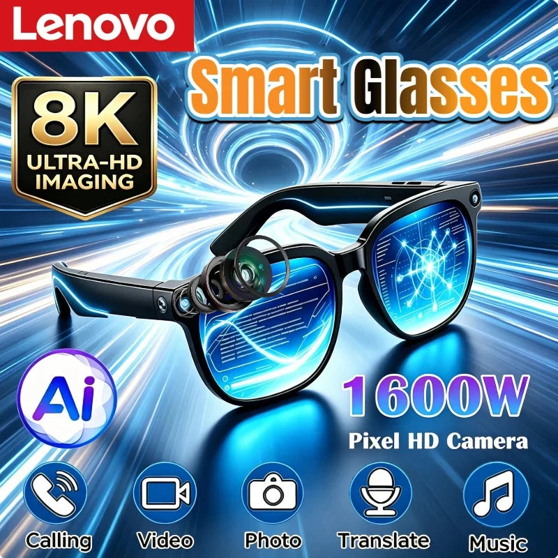 Lenovo Smart Glasses with touch control, 8K HD camera, Bluetooth, voice assistant, AI translator, worn by an adult user.
