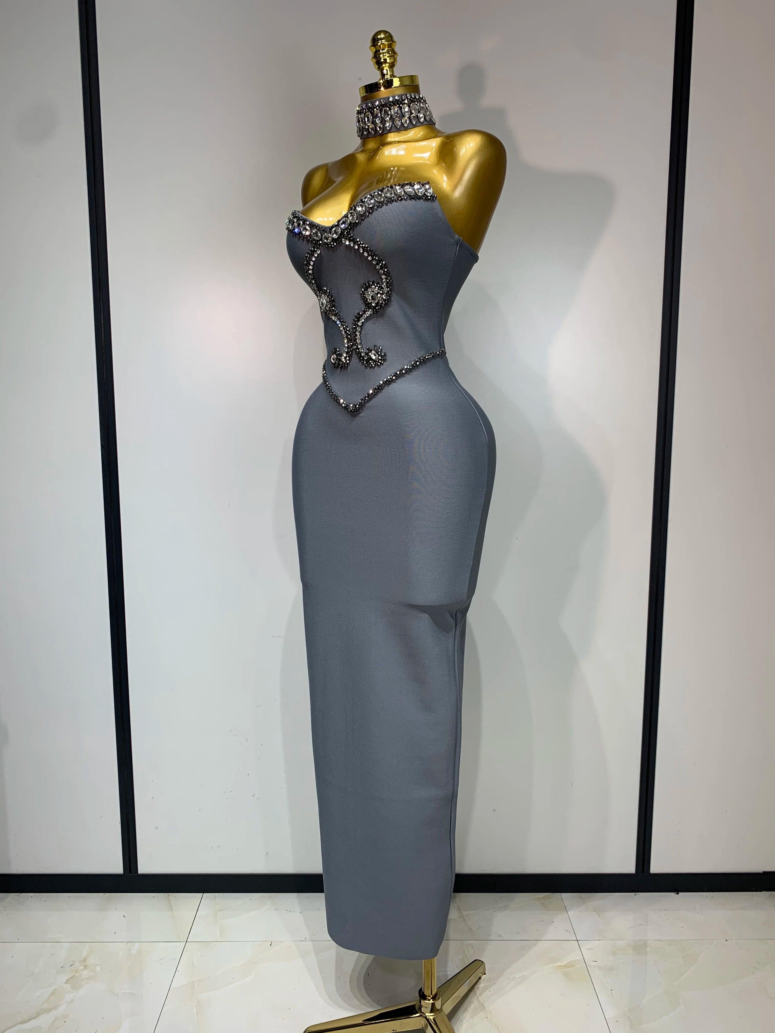 Elegant strapless beaded bandage dress by FLIPSTYLEZLLC, featuring a necklace detail, perfect for evening parties and special occasions.