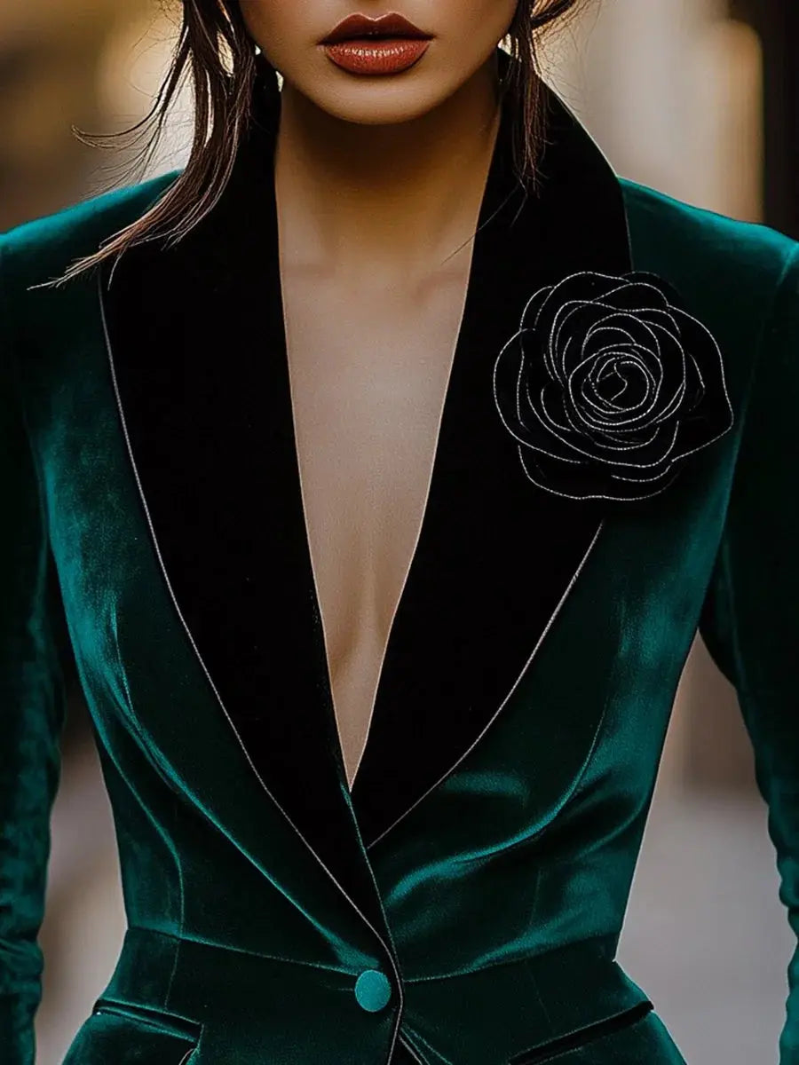 Luxury Green Velvet Blazer for Women Single Breasted 3D Rose Flower Female Blazer Jacket Slim Fit Office Lady Outerwear Coat ZITA LA BELLE ÉLITE