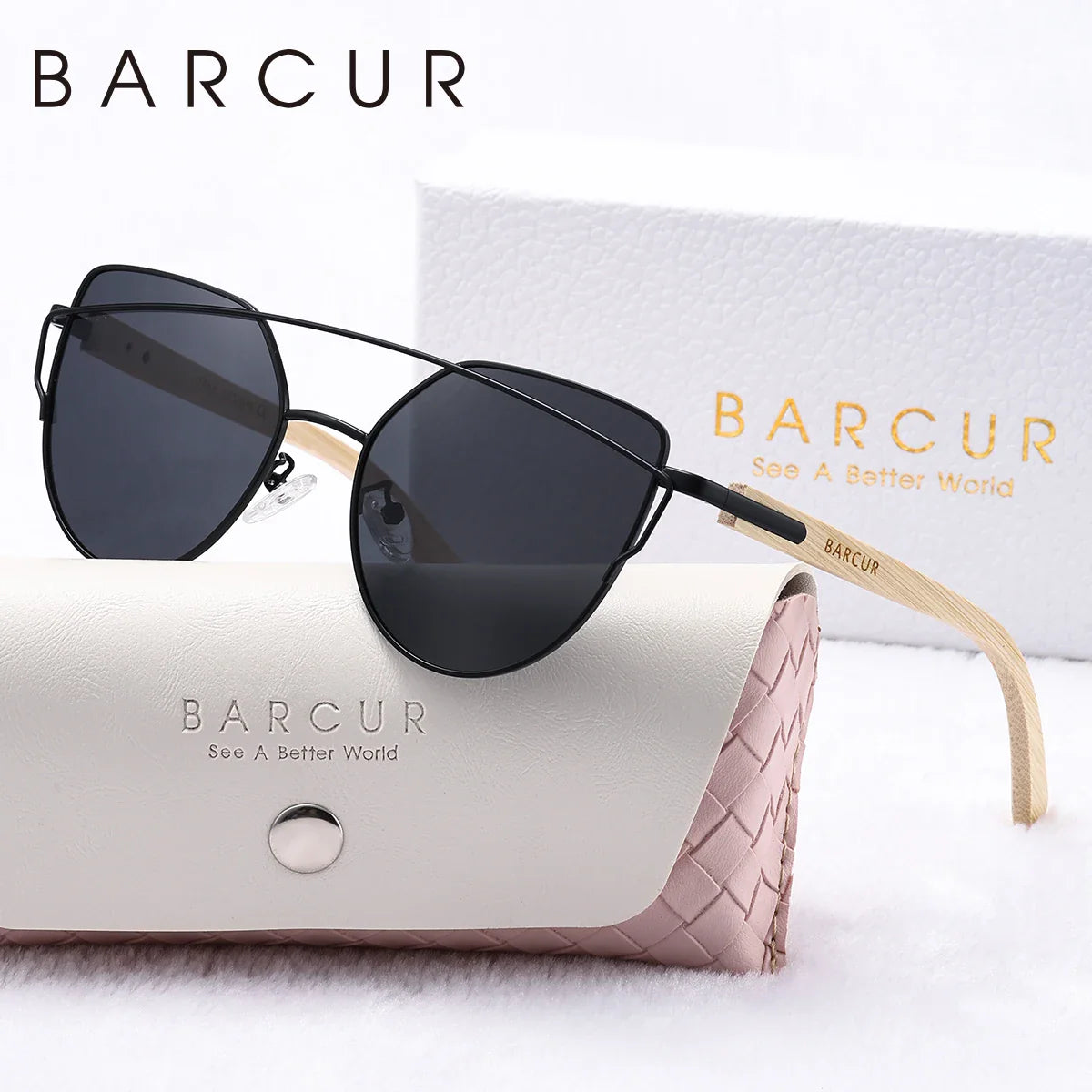 Stevvex luxury women's polarized cat eye sunglasses with bamboo foot frame and mirrored lenses, displayed in a white gift box.