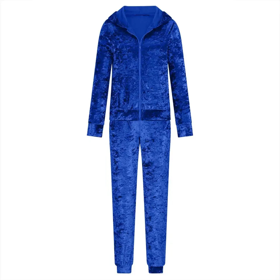 Women Autumn Velvet Tracksuit 2 Piece Sweatshirt Sweatpants Set Full Zip Hoodie