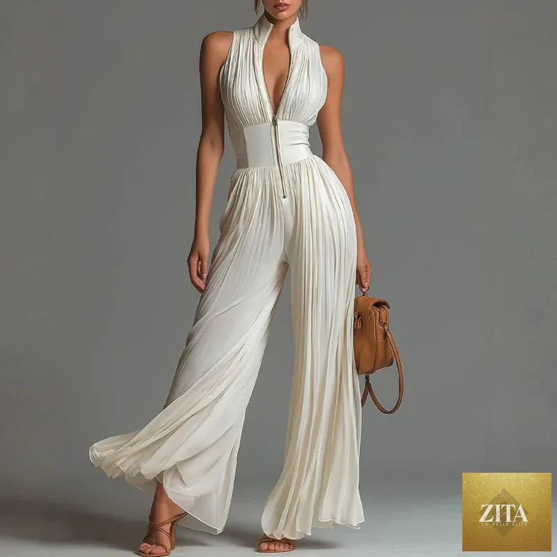 Elegant women's spring jumpsuit with stand collar, zipper, pleated design, high waist, wide legs, sleeveless, by Selvanelle.