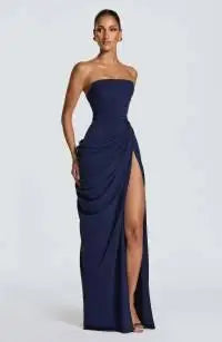 Solid pleated strapless women's dress by FLIPSTYLEZLLC featuring backless, off-shoulder design, high waist, and side slit for summer evening parties.