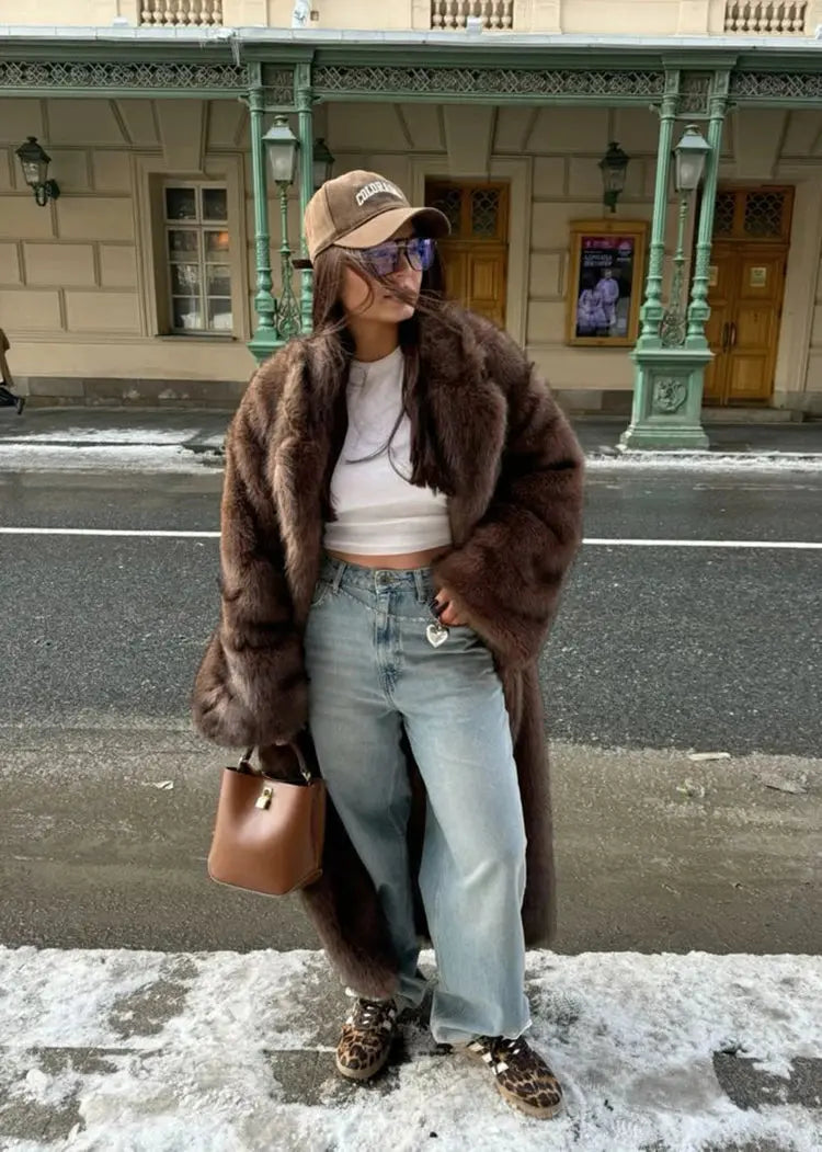 ZADORIN 120cm Super Long Luxury Winter Brown Faux Fur Coat Woman Elegant Belted Lapel Thick Fluffy Fur Jacket High Quality Coats ZITA LA BELLE ÉLITE