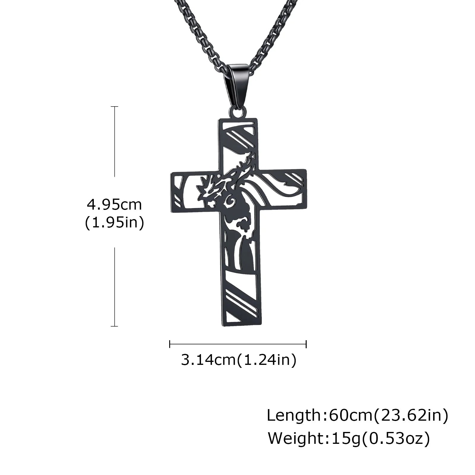 Stainless steel Catholic cross necklace with Jesus pendant in gold color, faith jewelry for men and women.