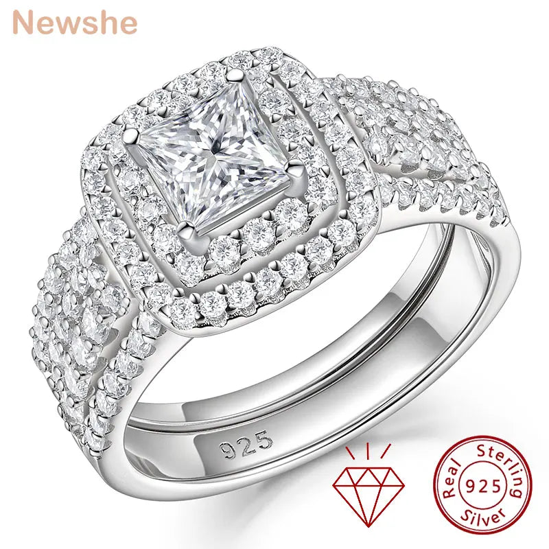 Newshe Certified Moissanite wedding ring set for women featuring a halo princess cut design in 925 sterling silver, elegant jewelry.