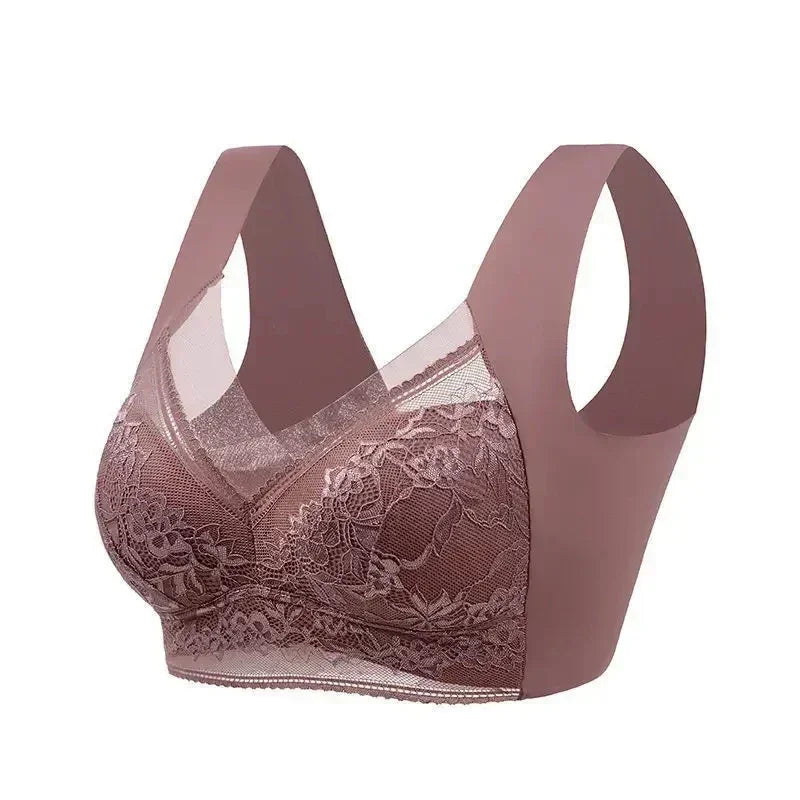 Femstylo women's large lace push-up ice silk wireless bralette with seamless design, plus size summer lingerie top, black color