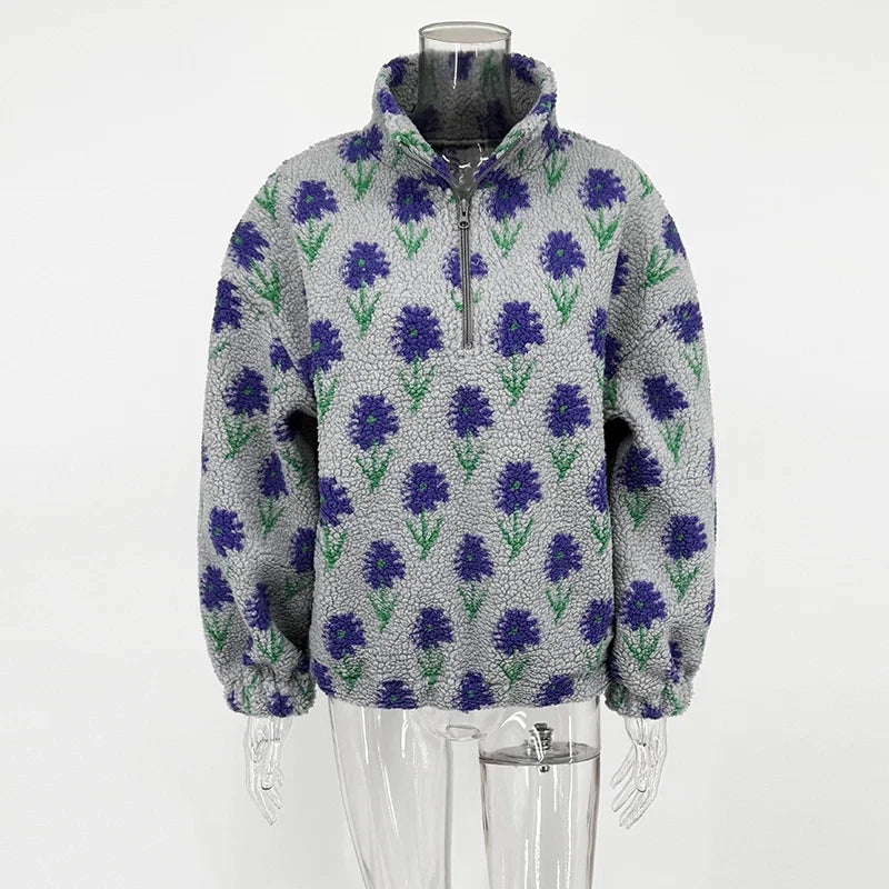 LadyShow fleece women's half-zip sweatshirt with loose fit, turtleneck, and printed design, perfect for winter leisure wear.