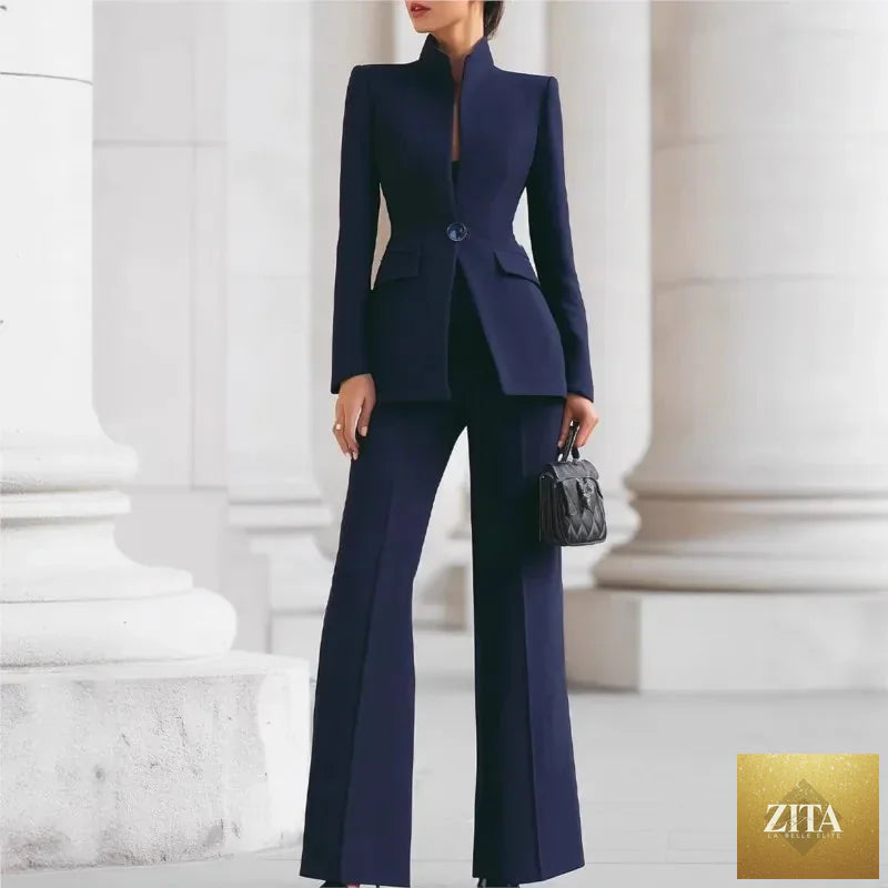 White women's 2-piece suit with blazer and pants, slim fit, perfect for work, office, or casual occasions by Nurse Nook Clothes.