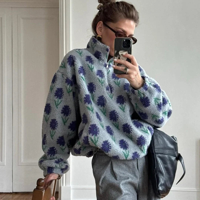 LadyShow Women's TARUXY fleece printing half-zip sweatshirt with loose fit and turtleneck, ideal for winter leisure and casual wear.