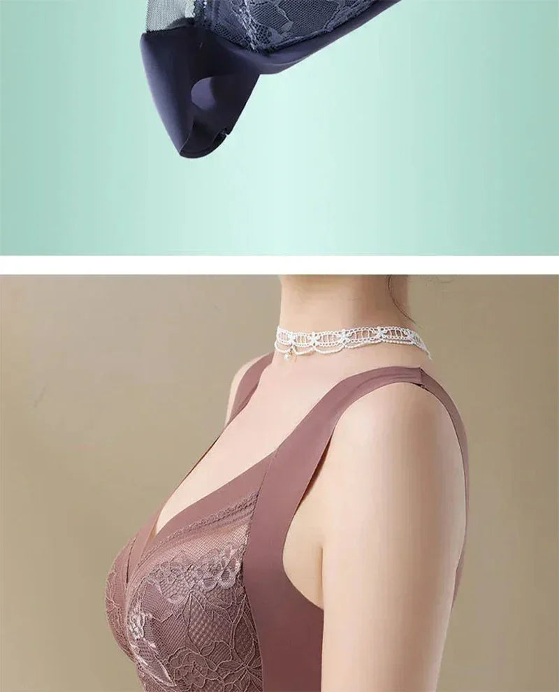 Femstylo L-6L women’s large lace wireless push-up ice silk bralette, seamless summer bra with plus size support and lace details.