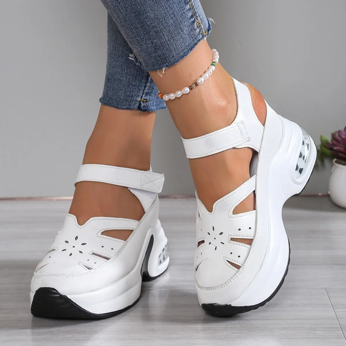 Women’s closed toe wedge sandals with buckle straps, suitable for office and summer wear, featuring a stylish solid design by LadyShow.
