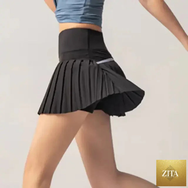 Onyx Flow Pleated Athletic Skirt – Built-In Shorts & Pockets