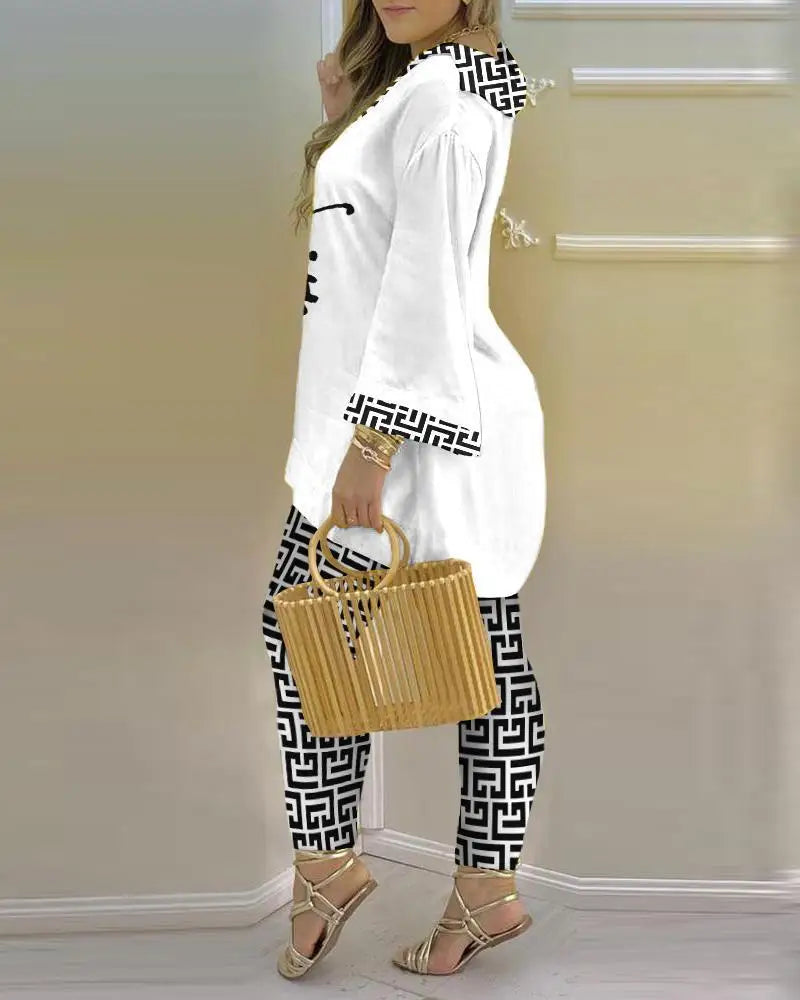 Women’s long sleeve V-neck two-piece set with printed polyester fabric, stylish and comfortable for casual wear.