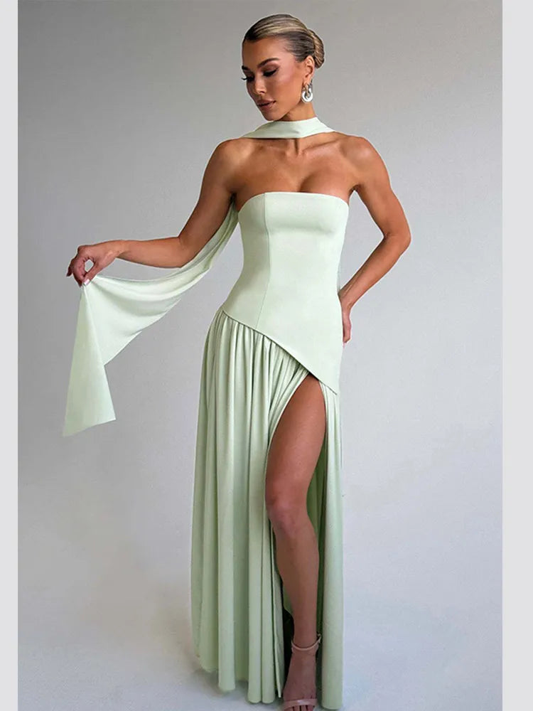 Elegant solid spliced ribbon maxi dress by FLIPSTYLEZLLC, strapless sleeveless design with thigh slit for summer holiday parties.