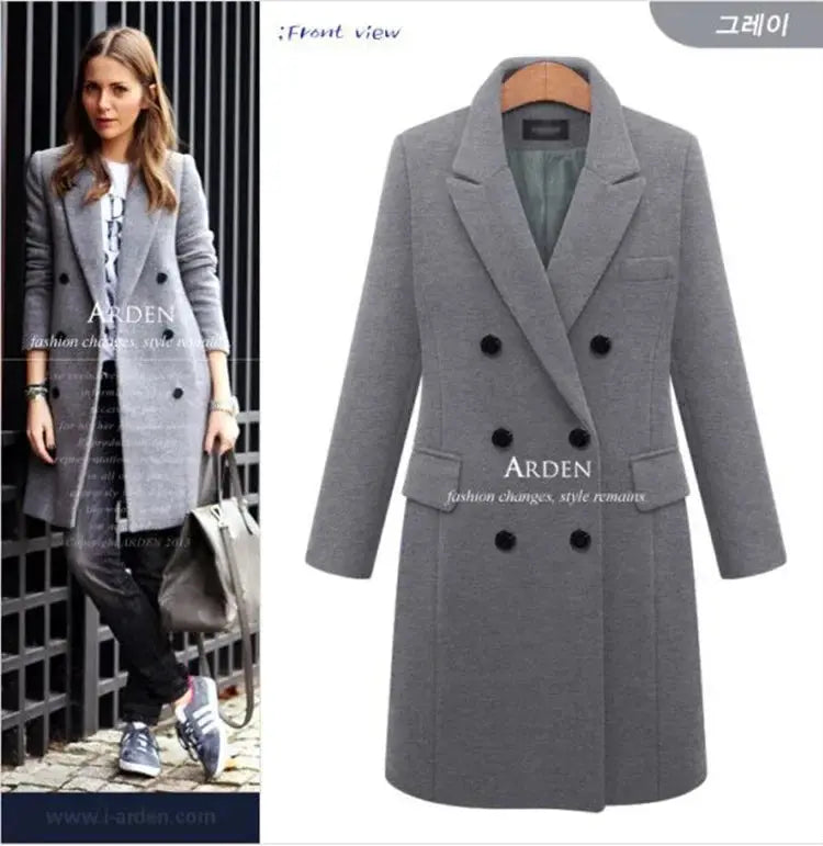 Mid-Length Woolen Women's Coat Double-Breasted Woolen Coats Trench Solid Color Autumn Winter Warm Outwear ZITA LA BELLE ÉLITE