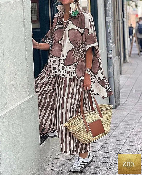 2 Piece Sets Women Summer Print Loungewear Long Pants Sets Vintage
