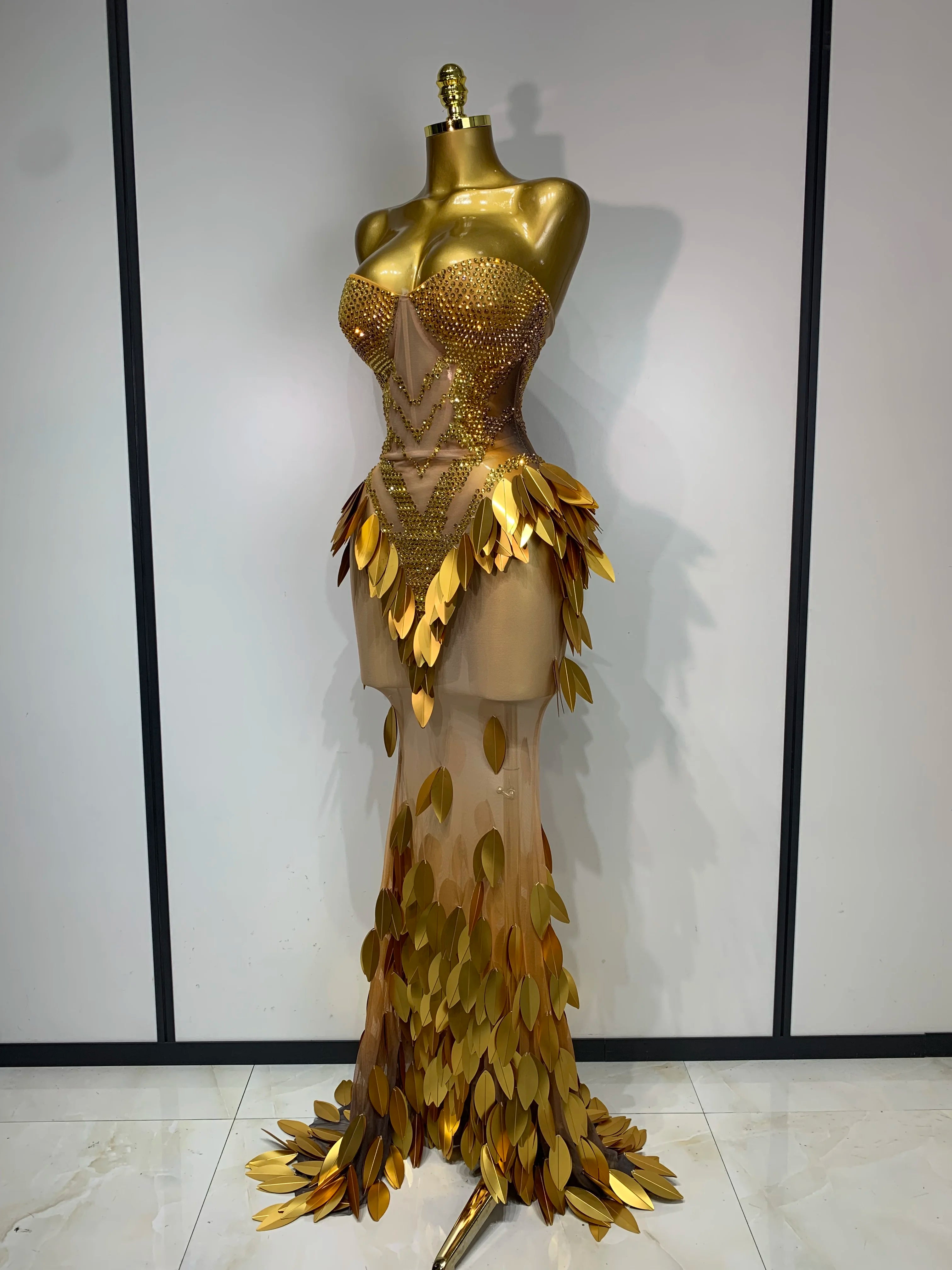 Women’s gold sequin mesh strapless maxi dress by FLIPSTYLEZLLC, featuring rhinestones, perfect for evening parties and special occasions.