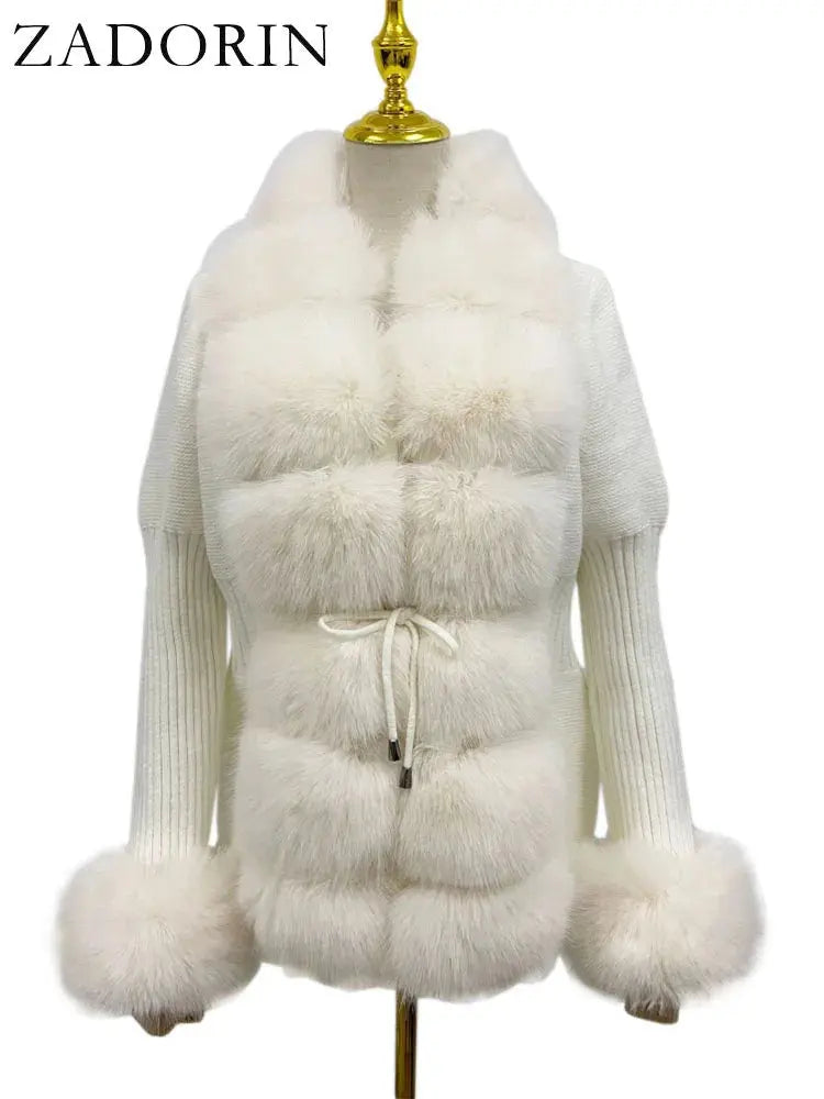 ZADORIN Fall Winter Women Faux Fur Coat Luxury Knitted Sweater Fur Cardigan Detachable Collar White Pink Jacket Faux Fur Coats ZITA LA BELLE ÉLITE