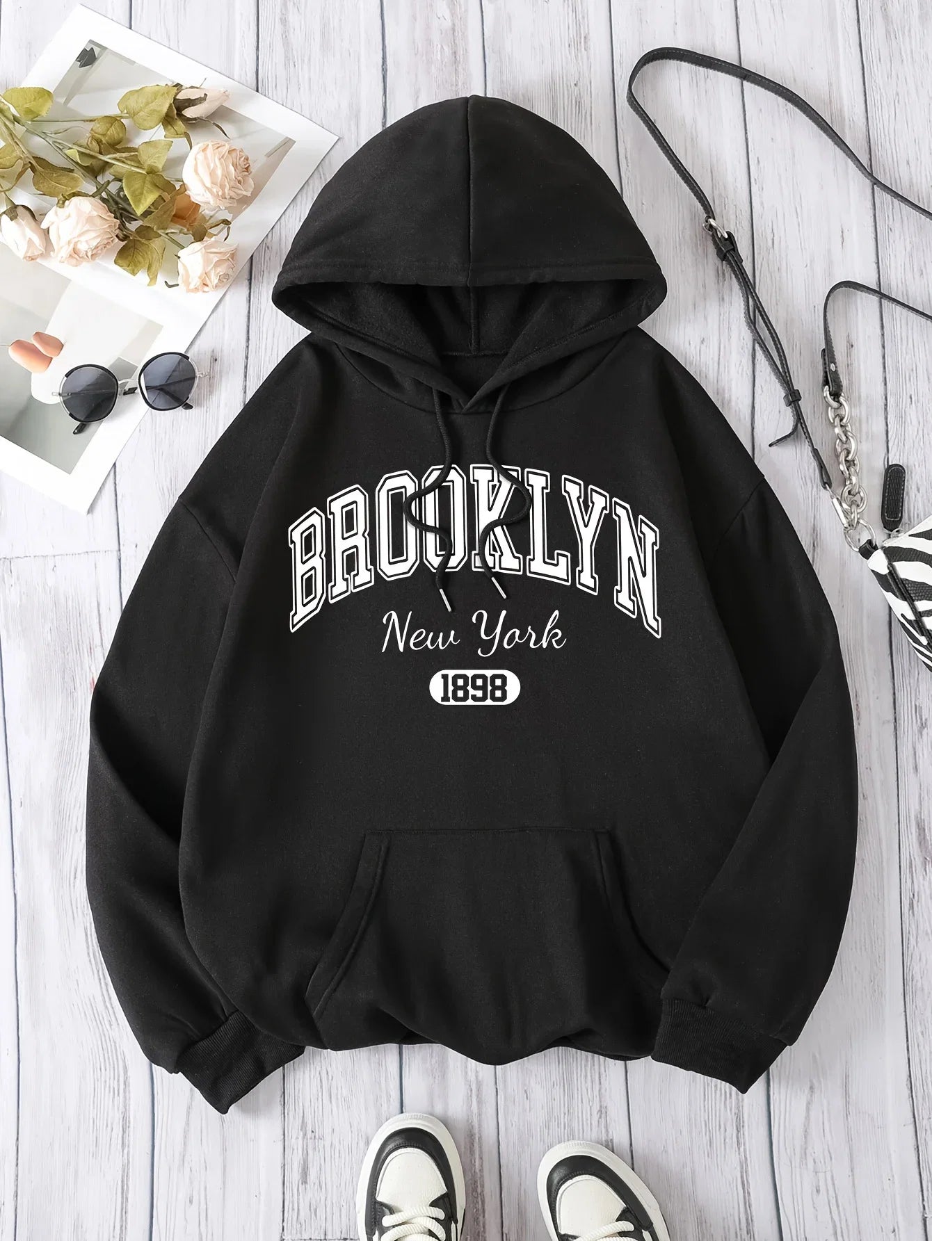 LadyShow Brooklyn New York 1898 hoodie sweatshirt with casual polyester fabric and alphabet pattern, featuring a hood and drawstring.