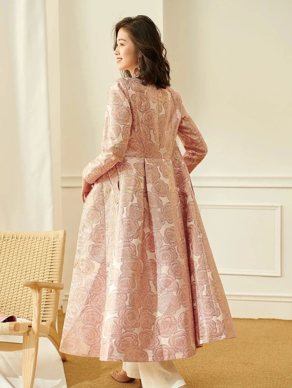 Luxury Women Long Trench Jacquard Coat Button Front Overcoat Fall Winter Floral Elegant Jackets Outerwear Party Outfit Clothes ZITA LA BELLE ÉLITE