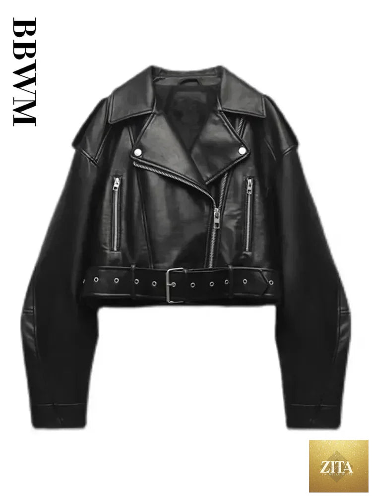LadyShow.Store women's oversized vintage faux leather short jacket with belt, zip front, and moto biker style, streetwear outerwear.