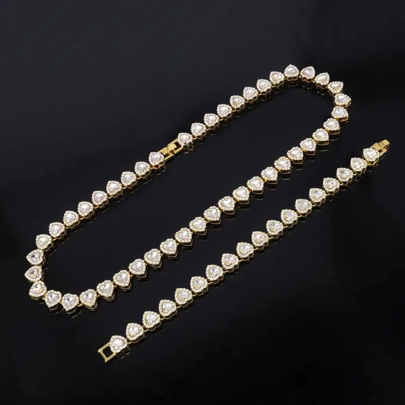 Shiny 45cm hip hop tennis chain bracelet necklace with rhinestone heart accents, stylish CZ jewelry for fashion and parties
