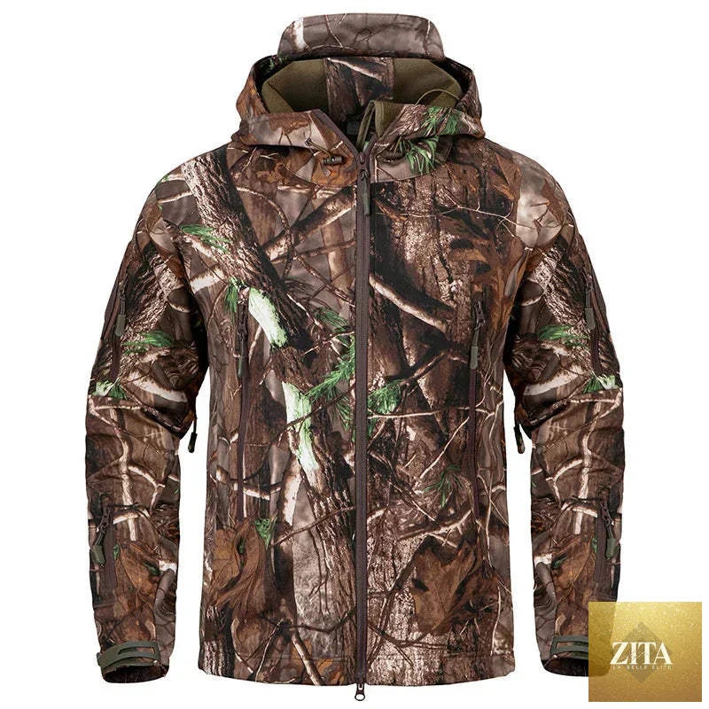 Men's Silent Soft Shell Camouflage Tactical Jacket Waterproof Warm Fleece Hunting Jackets Outdoor Hiking Fishing Hooded Coat