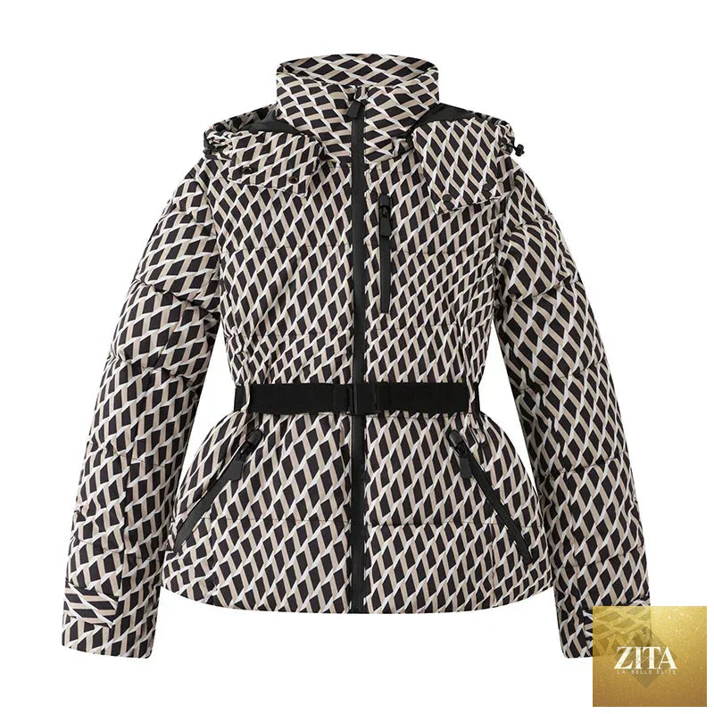 Women's LadyShow.Store winter hooded padded sport parka with high waist, belt, warm pockets, and windproof skiing jacket design.