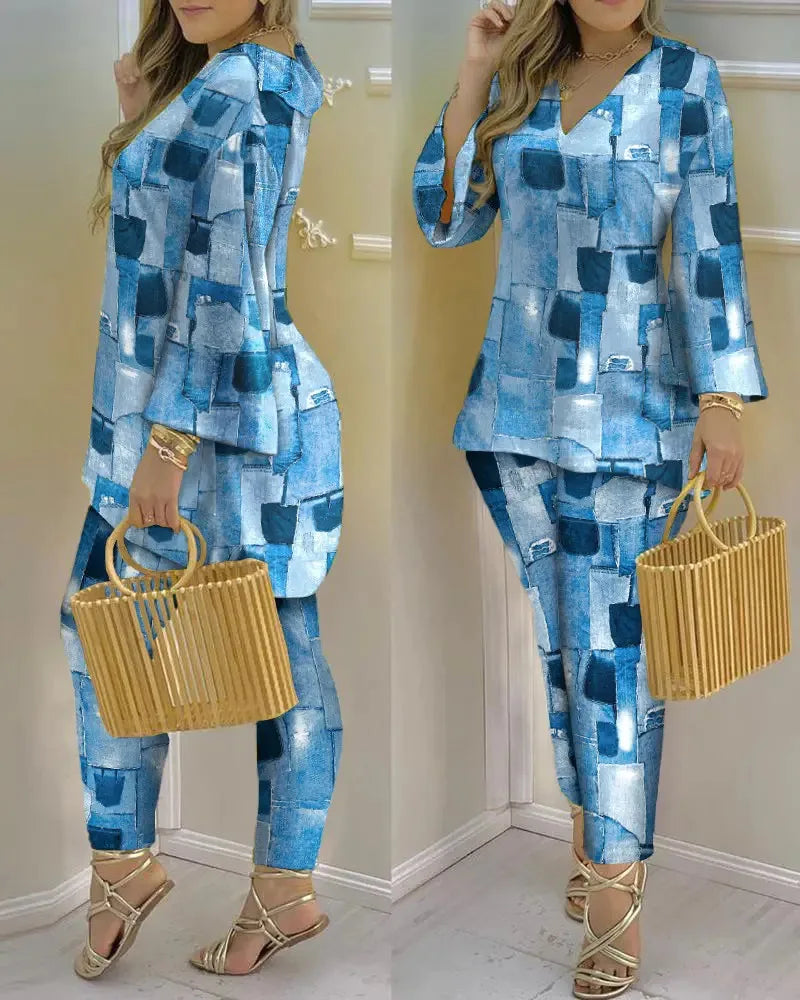 Women’s long sleeve V-neck two-piece set with printed polyester fabric, stylish and comfortable outfit from Trendy Attic Store01.