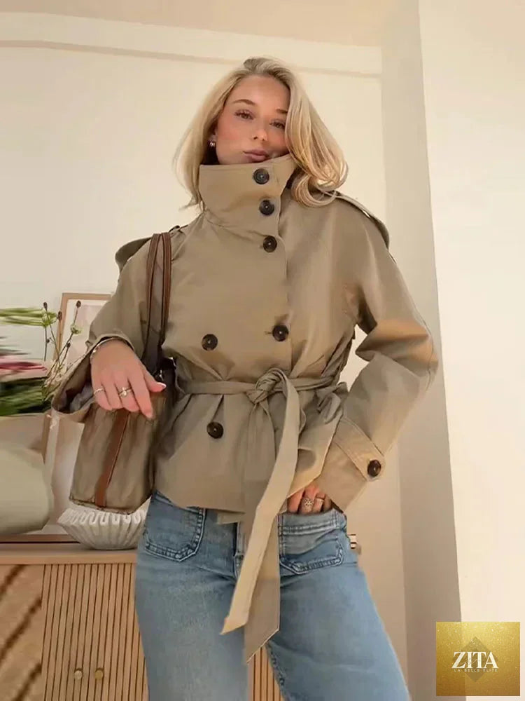 Belted Waist Cropped Trench Jackets Women Double Breasted Stand Collar Coats 2025 Autumn Chic Casual Vintage Jacket Women Cloth