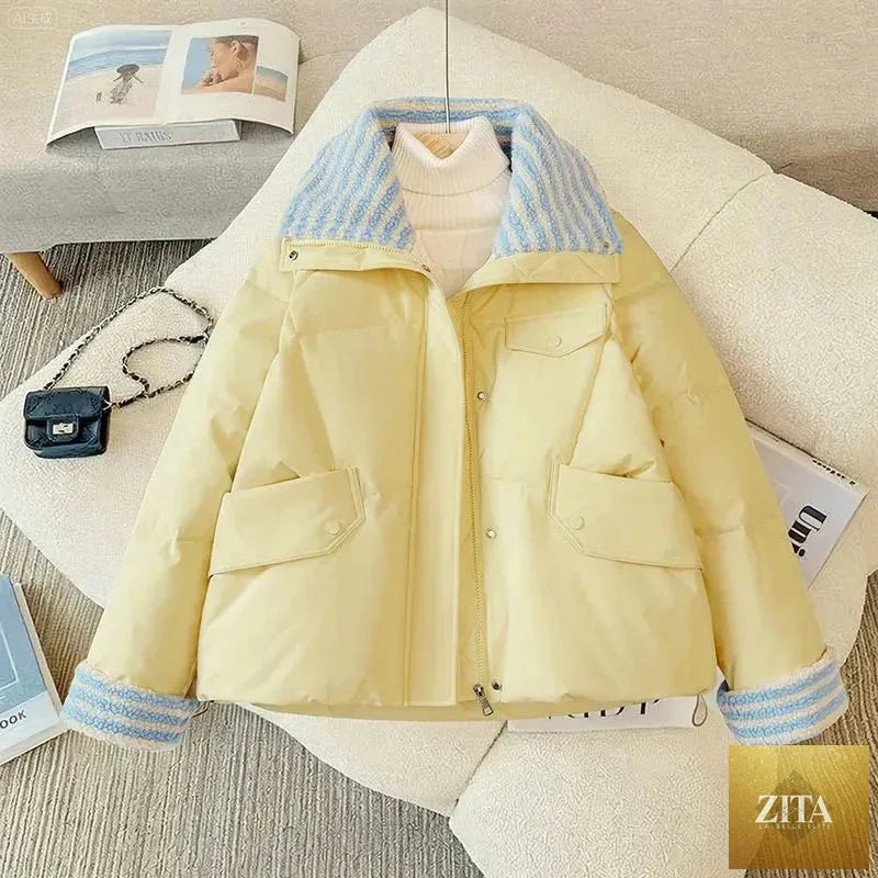 Women’s cotton padded puffer coat with lapel collar, long sleeves, suitable for autumn and winter, stylish outwear for ladies.