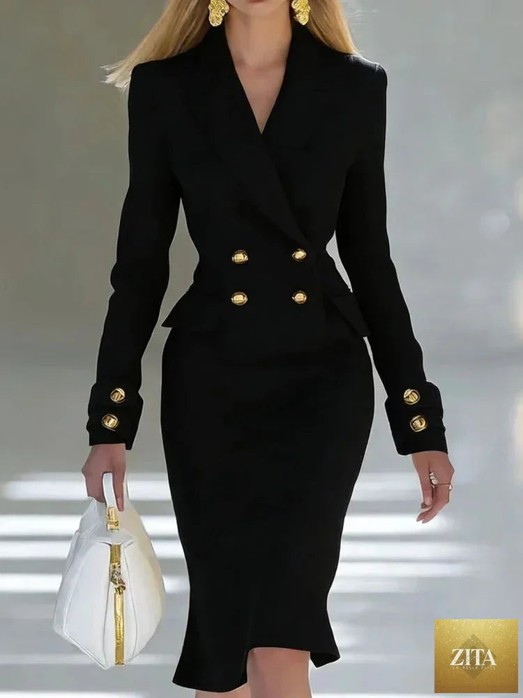 Women’s elegant blazer dress with long sleeves, double-breasted design, suitable for office, business, and formal occasions.