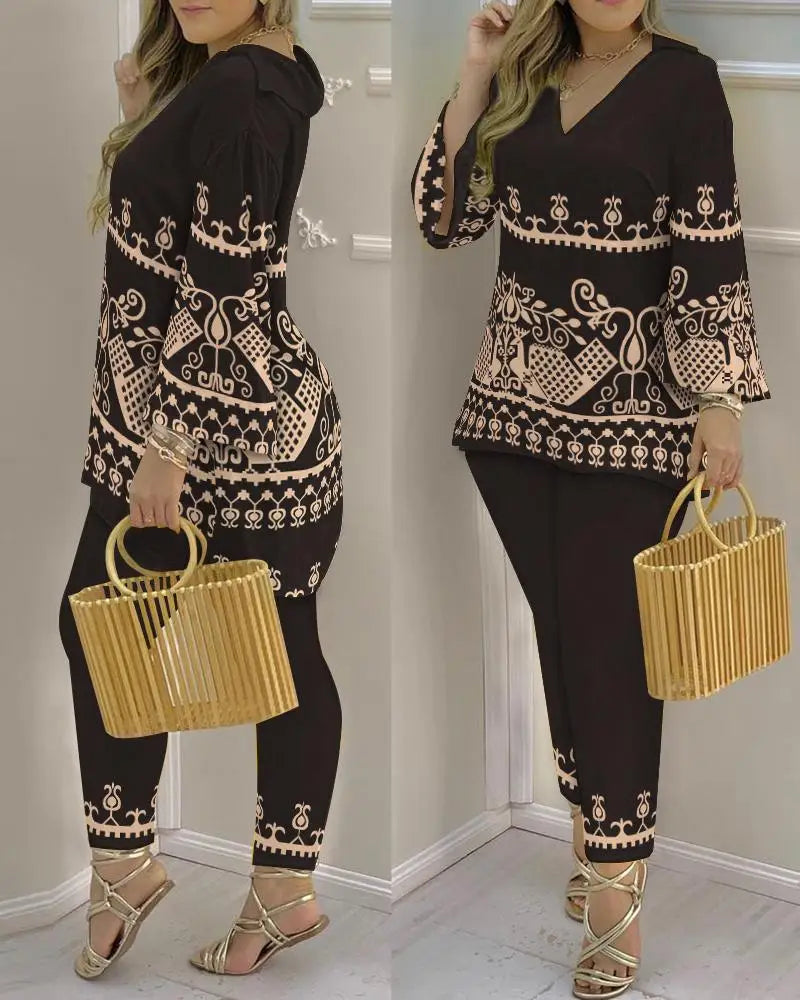 Women’s long sleeve V-neck polyester two-piece set with printed design, stylish and comfortable for casual wear.