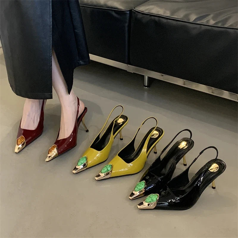 Elegant LadyShow.Store metal square head diamond pumps sandals for women featuring low heels and slingback design for stylish banquets