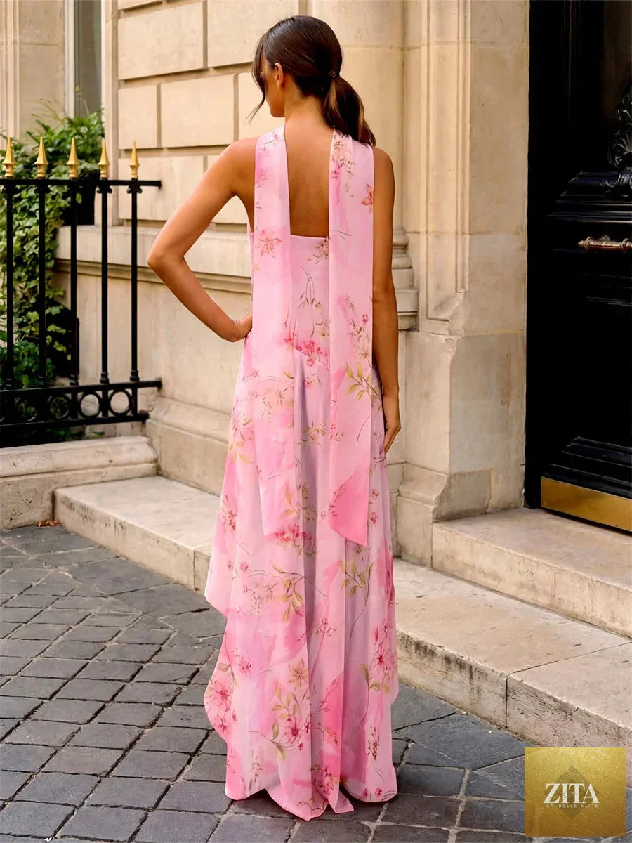 Women Flower Printed Tube Dress Summer Strapless Ruffles High Split Dress with Scarf for Party Cocktail Streetwear