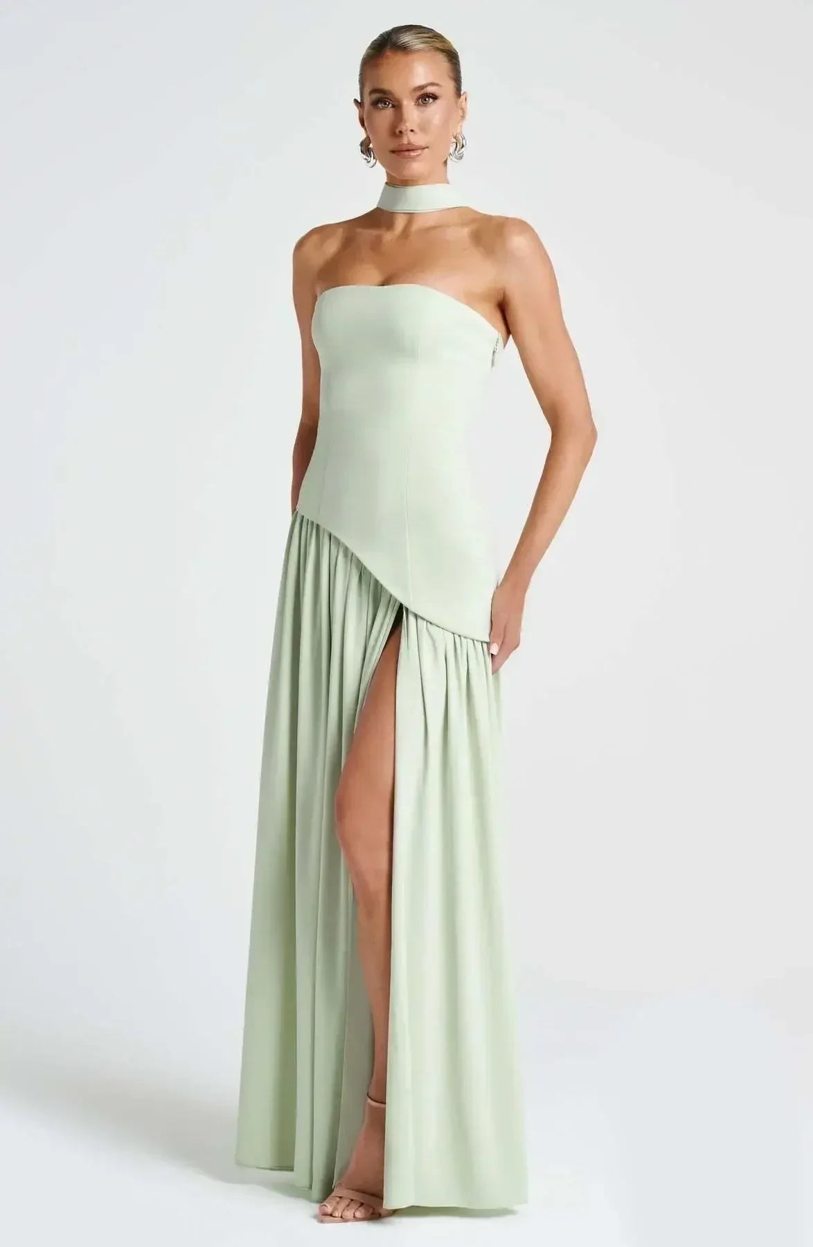 Elegant FLIPSTYLEZLLC solid spliced strapless maxi dress with slit, sleeveless design, perfect for summer holiday parties.