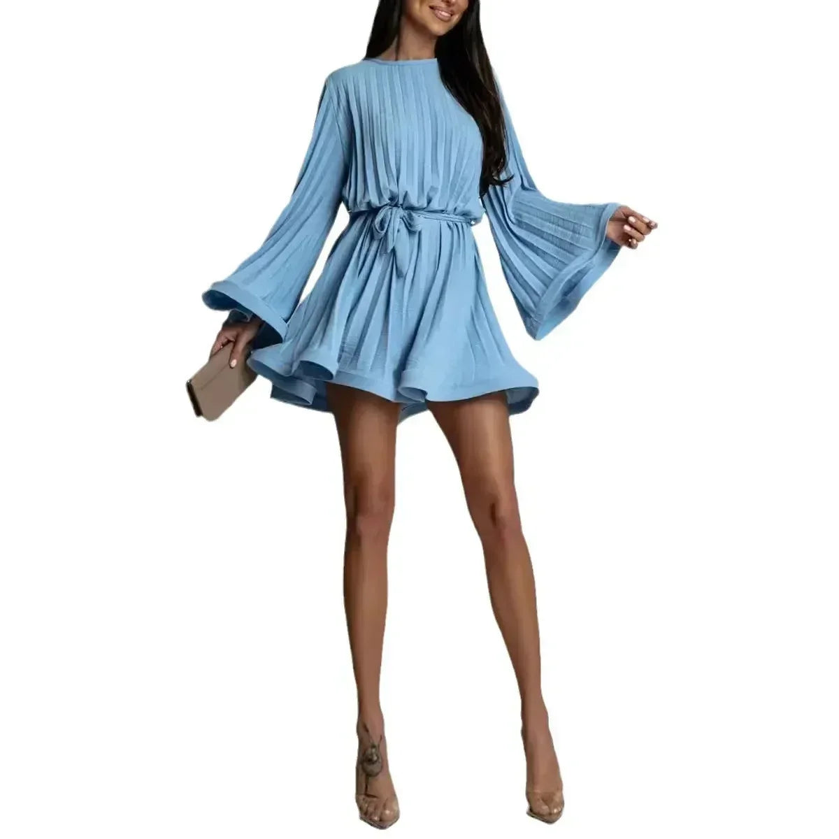 Femstylo 2025 elegant pleated mini dress with flared sleeves and lace-up design, perfect for summer events.