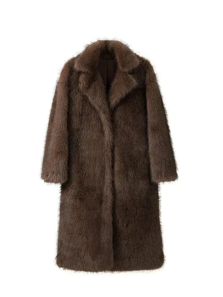 ZADORIN 120cm Super Long Luxury Winter Brown Faux Fur Coat Woman Elegant Belted Lapel Thick Fluffy Fur Jacket High Quality Coats ZITA LA BELLE ÉLITE
