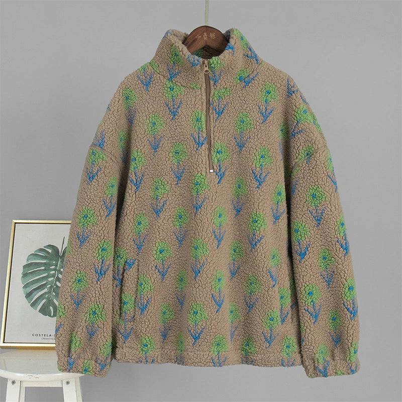 LadyShow.Fleece women's half-zip printing sweatshirt with loose turtleneck, winter leisure pullover, and cozy fleece fabric.