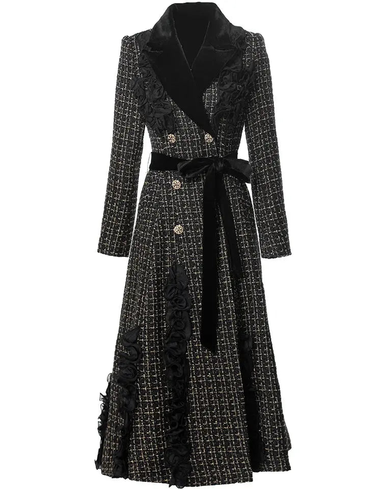 MoaaYina Winter Gray Black Coat With Grid Pattern And Double Breasted Lace Up Coat With Fungus Edge S-4XL ZITA LA BELLE ÉLITE