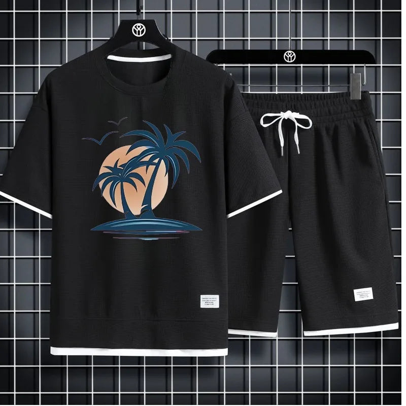 Men's waffle summer casual activewear tracksuit set by THRIXINE, featuring breathable fabric and comfortable fit.