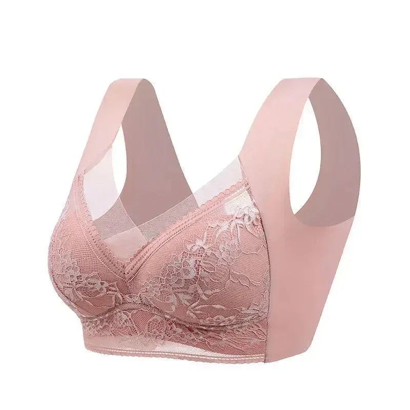 Femstylo women's large ice silk push-up bra with lace, seamless wireless bralette, plus size summer lingerie, top view