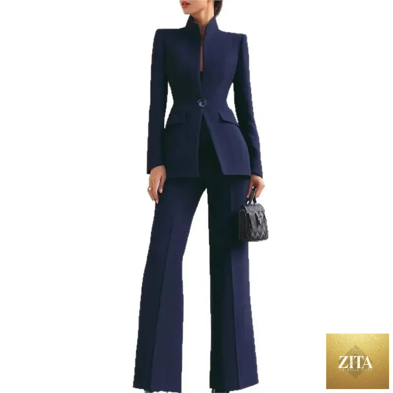 Women's white suit set with blazer and slim pants, featuring a single button, ideal for business, office, or casual wear.