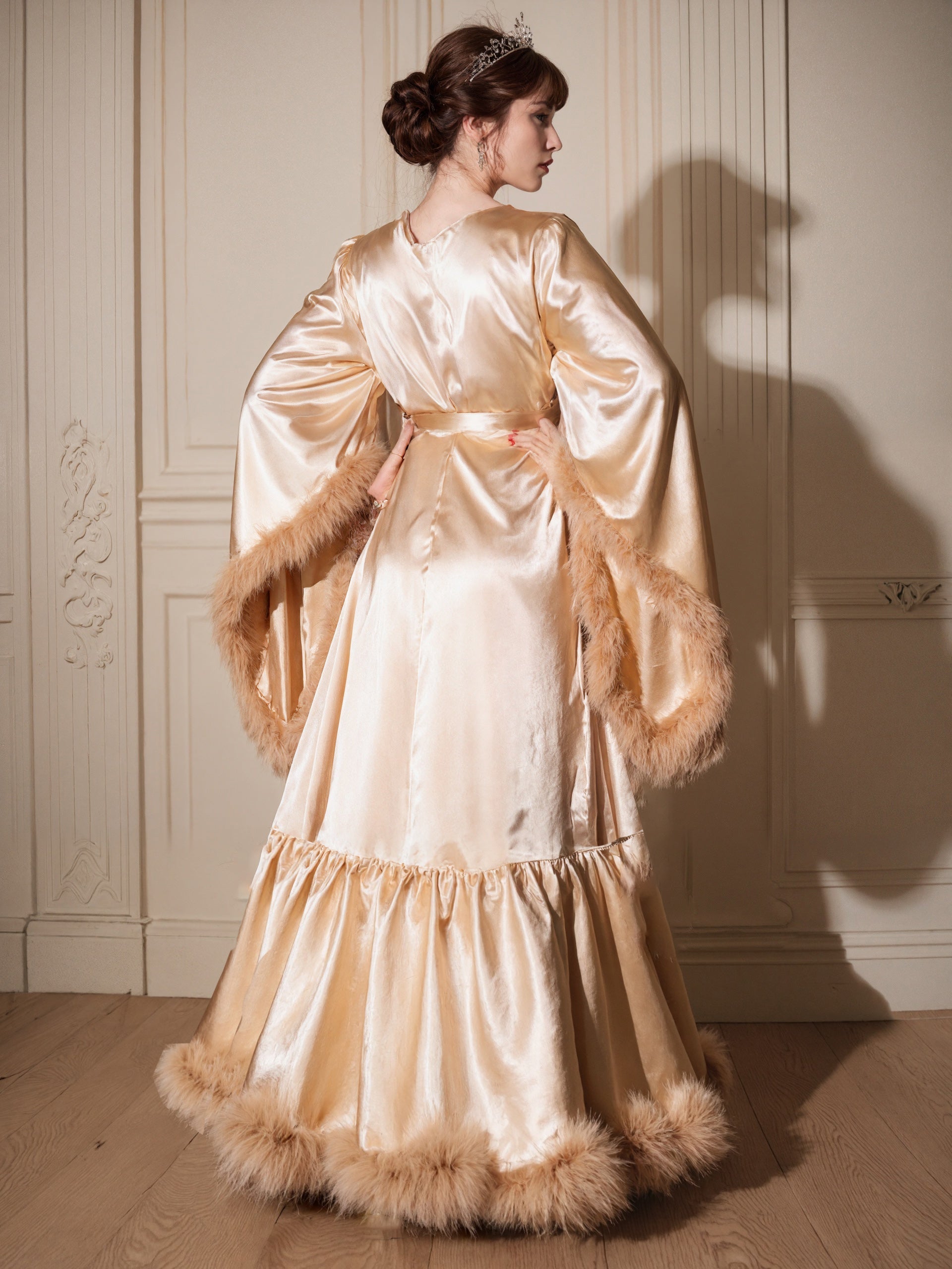 Silky Satin Feather Fringe Hem Long Robe (Victorian Style) - next day shipping selective colors