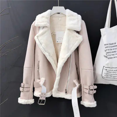 Women's lamb wool and suede leather motorcycle jacket with thick insulation, ideal for winter from Trendy Attic Store01.
