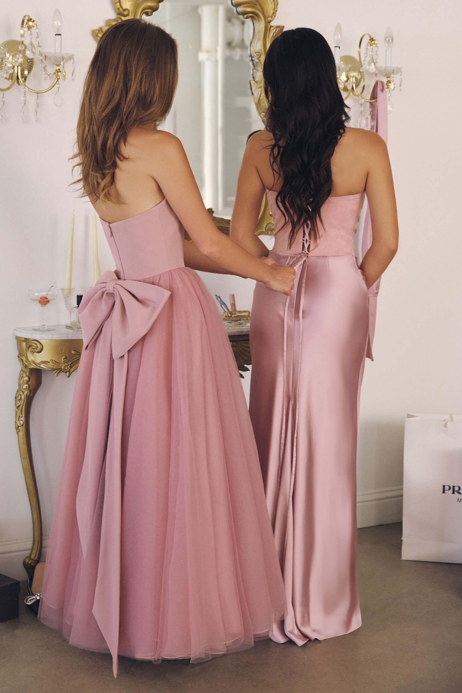 Amoris T816 matte satin bodice column dress with detachable scarf in dusty rose and pink, featuring elegant design details.