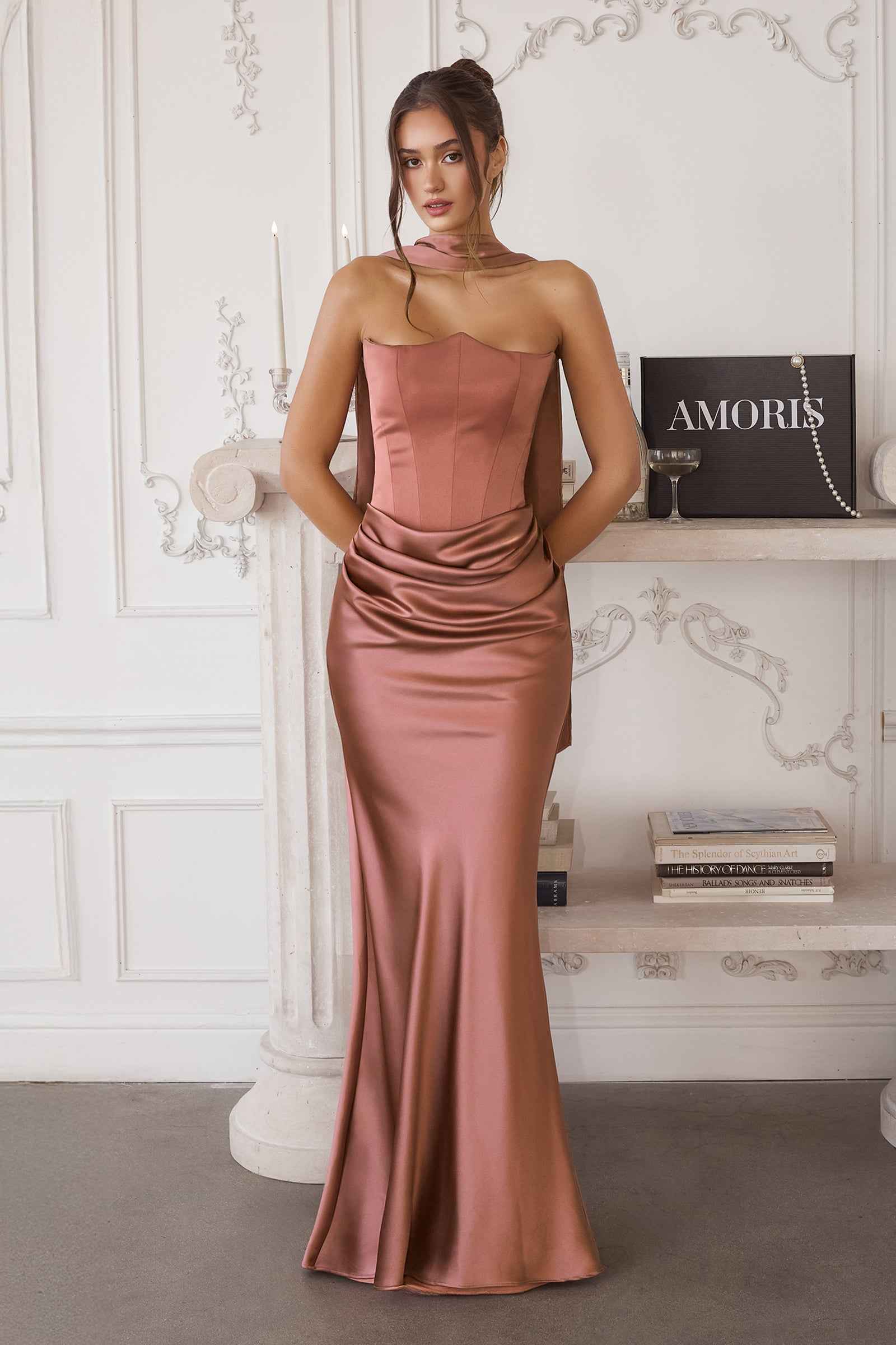 Rosewood Amoris T816 matte satin bodice column dress with detachable scarf, front view showcasing elegant design and fit.