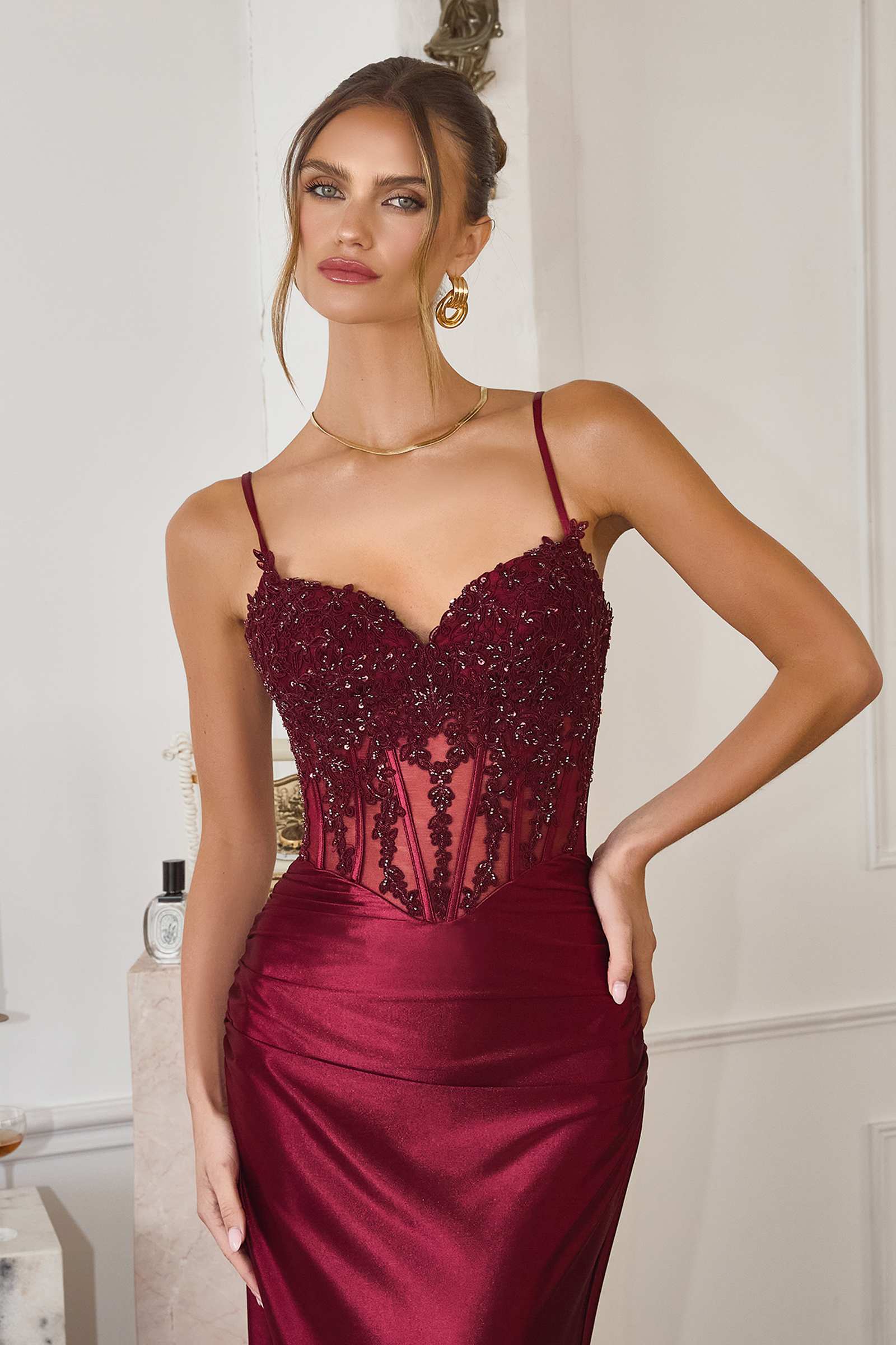 Burgundy Amoris T819 fitted satin sheer corset mermaid gown with sleek, elegant design, perfect for formal occasions.